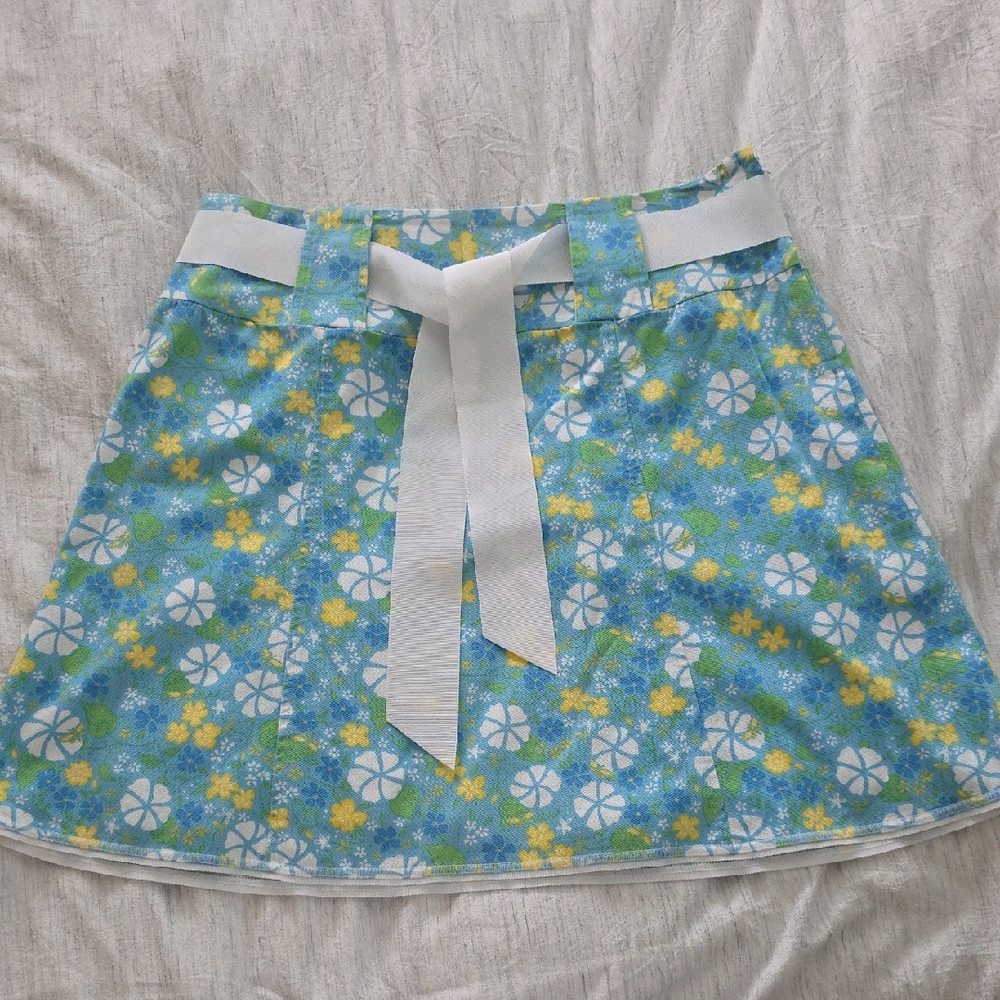Lilly Pulitzer Blue Floral Mini Skirt with White Waist Tie